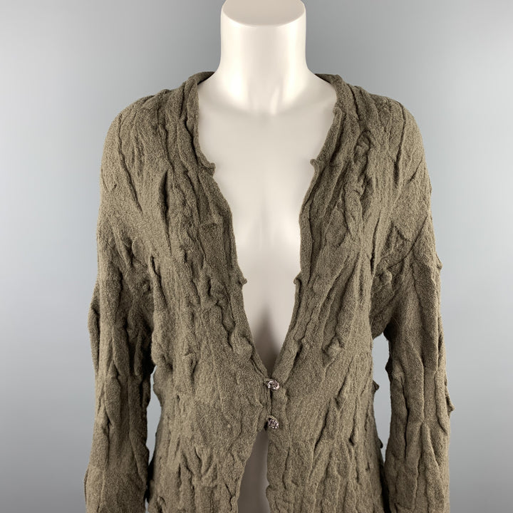 BUTAPANA Size M Olive Knitted Textured Wool Cardigan