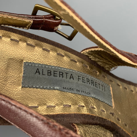 ALBERTA FERRETTI Talla 6.5 Sandalias de cuña de cuero de seda marrón y beige