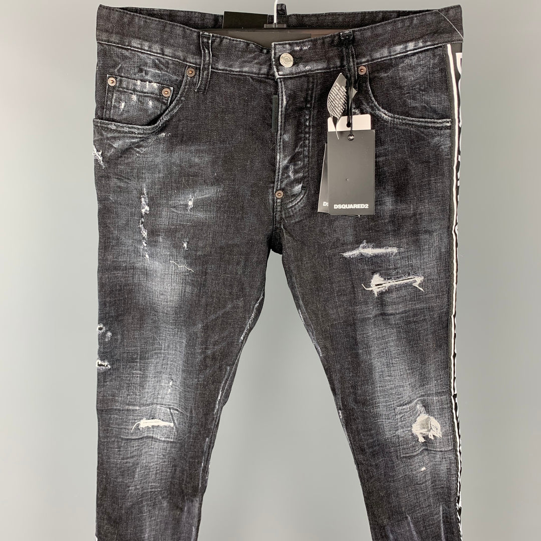 DSQUARED2 Size 32 Black Distressed Denim Button Fly Skater Jeans