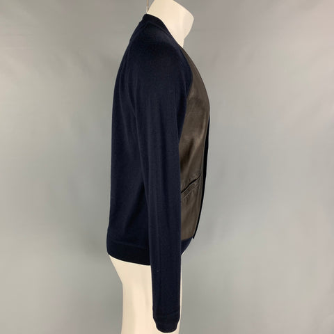 PRADA Size S Navy Brown Color Block Wool Leather V-Neck Cardigan