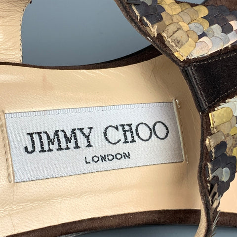 JIMMY CHOO Size 6 Brown & Gold Sequined Suede Flat Sandals