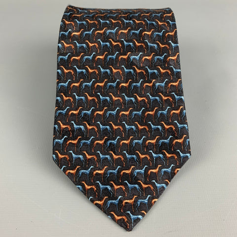 ERMENEGILDO ZEGNA Black & Tan Greyhound Silk Tie