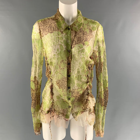 BIYA Talla L Blusa de borde crudo floral abstracto de seda dorada, marrón y verde