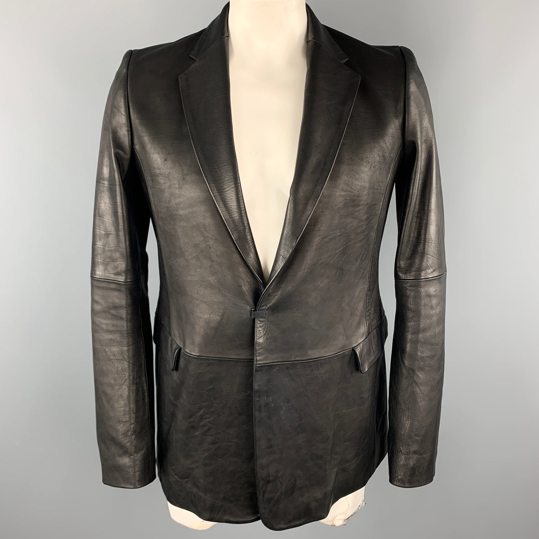 THE VIRIDI-ANNE Size XL Black Leather Notch Lapel Hook & Eye Sport Coat