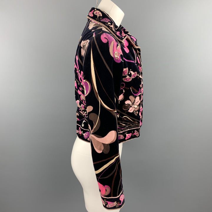 Vintage EMILIO PUCCI Size M Black & Pink Floral Velvet Cropped Jacket