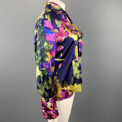 ST. JOHN Size 12 Purple MultiColor Floral Silk Rufle Blouse