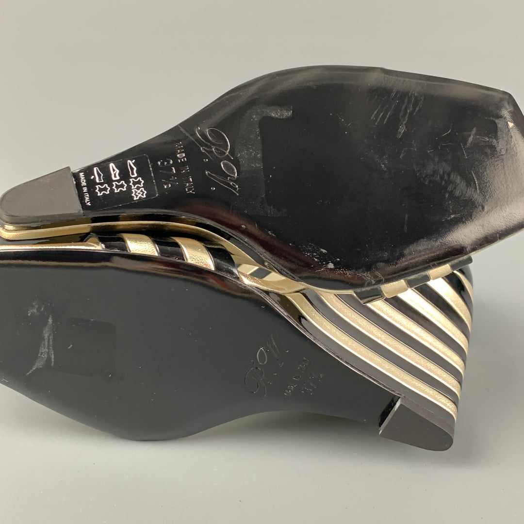 ROGER VIVIER Size 7.5 Black Gold Stripe Patent Leather Wedge Sandals
