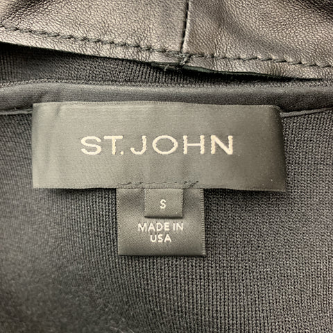 ST. JOHN Size S Black Draped Leather Front Wool Blend Knit Back Vest Coat