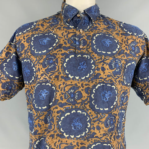 45rpm Size XL Navy & Brown Print Cotton Pop-Over Short Sleeve Shirt