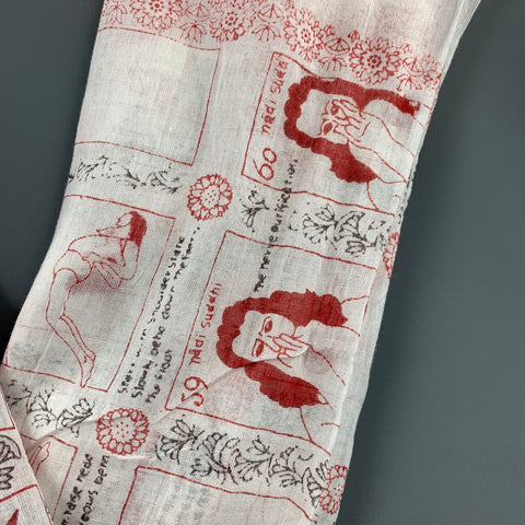 VINTAGE White Red Yoga Print Cotton Scarf