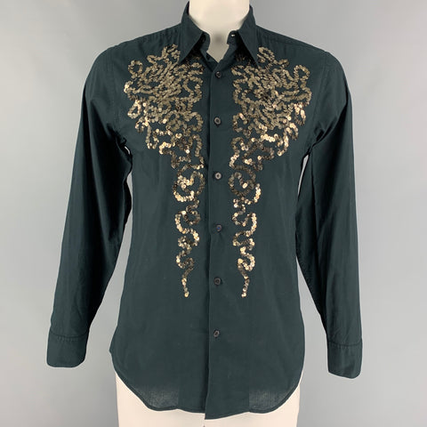 PAUL SMITH Size L Black Silver Sequined Cotton Button Up Long Sleeve Shirt