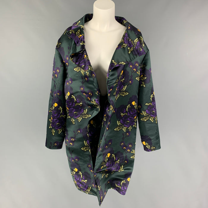 MARNI Size 2 Dark Green Purple Yellow Silk Floral Open Front Coat