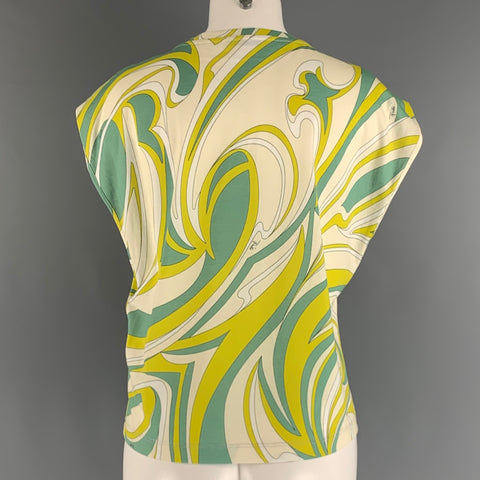 EMILIO PUCCI Size S Cream Green Cotton Abstract Sleeveless Casual Top