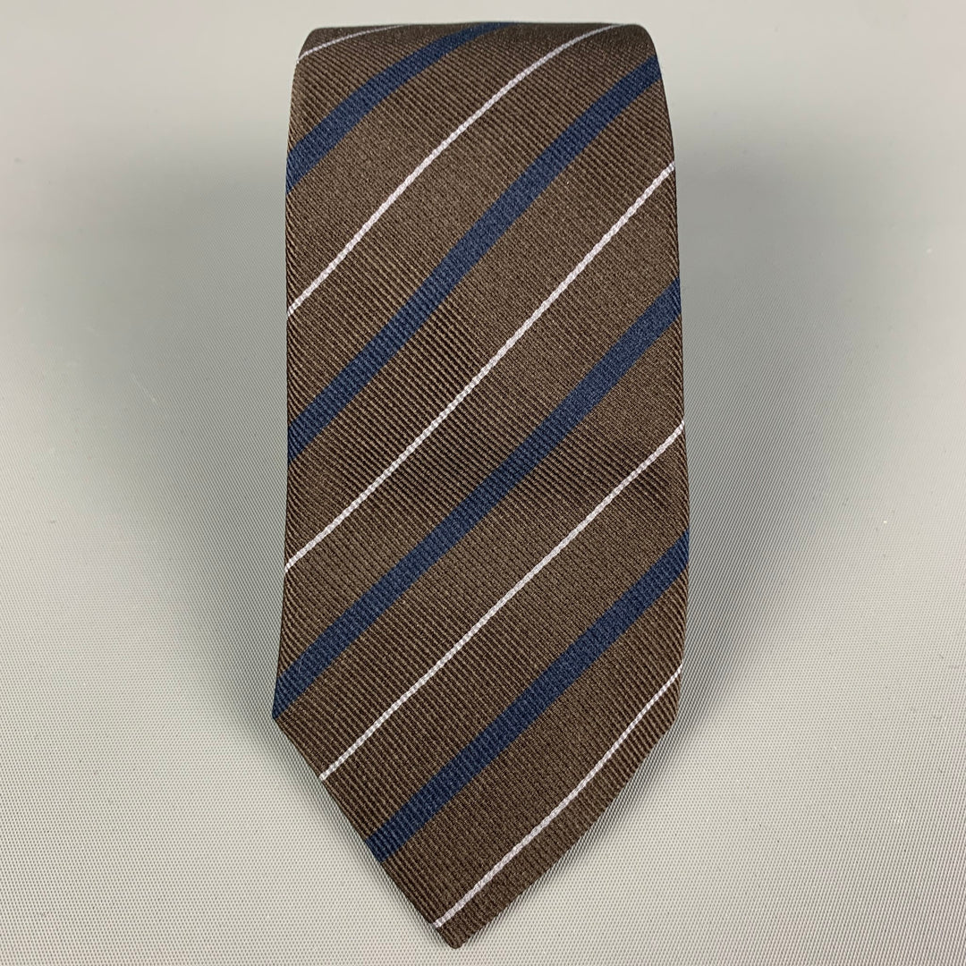 BRUNELLO CUCINELLI Brown Navy Diagonal Stripe Silk Tie