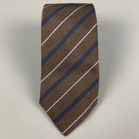 BRUNELLO CUCINELLI Brown Navy Diagonal Stripe Silk Tie