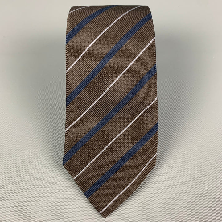 BRUNELLO CUCINELLI Brown Navy Diagonal Stripe Silk Tie