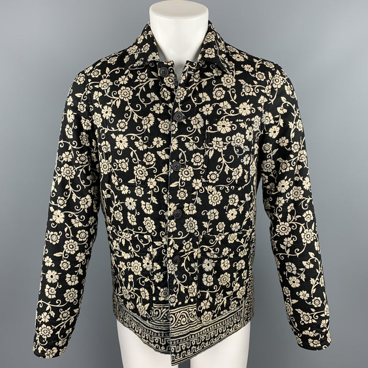 BURBERRY PRORSUM F/W 2015 Size 38 Navy & Beige Paisley Print Cotton Lined Buttoned Jacket