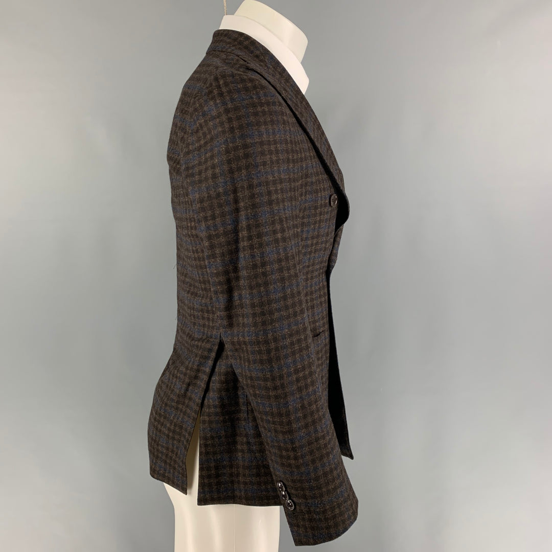 TAGLIATORE Size 34 Brown Navy Plaid Virgin Wool Double Breasted Sport Coat