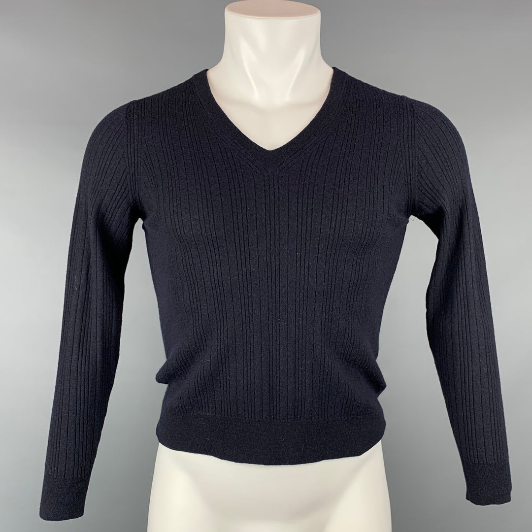 Z ZEGNA Jersey azul marino de lana acanalada con cuello de pico talla S