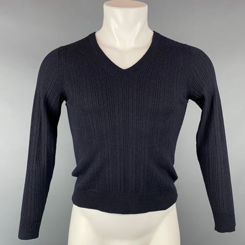 Z ZEGNA Size S Navy Ribbed Wool V-Neck Pullover