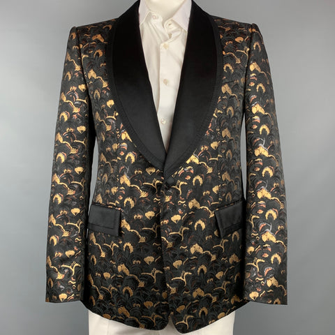 DOLCE & GABBANA Size 44 Regular Black & Gold Jacquard Polyester Blend Shawl Collar Sport Coat