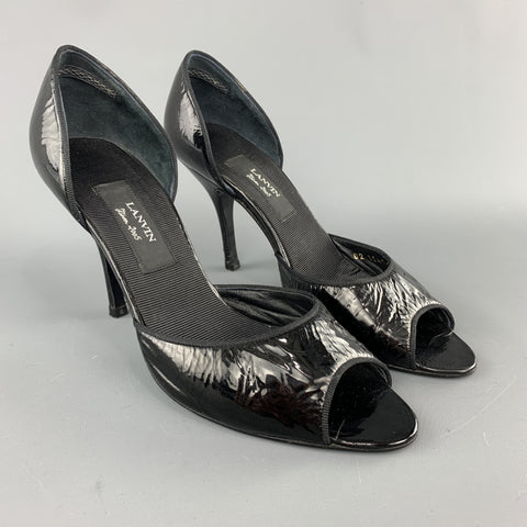 LANVIN Talla 7 Zapatos de tacón peep toe D'Orsay de charol negro