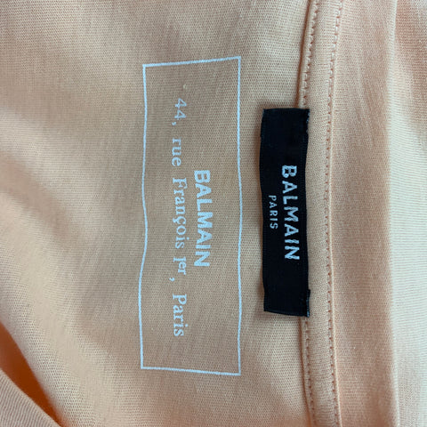 BALMAIN Size XL Peach Logo Cotton Crew-Neck T-shirt