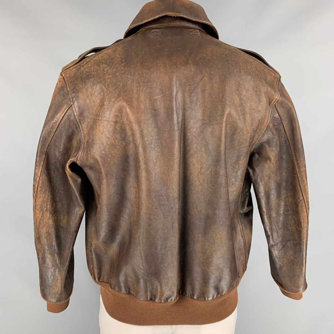 RRL by RALPH LAUREN Type A-2 Size XL Brown Distressed Leather Bomber Jacket