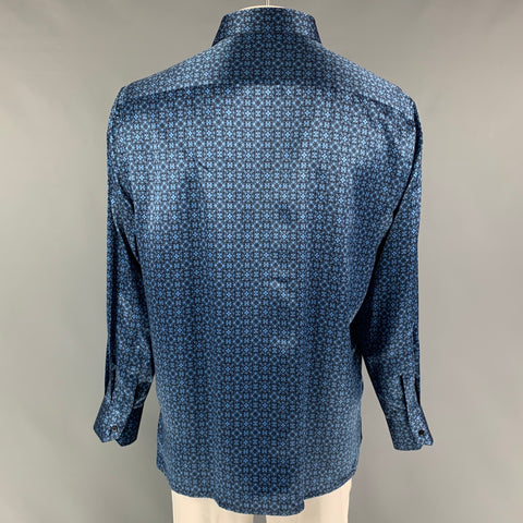 STEFANO RICCI Size XL Charcoal Blue Abstract Silk Long Sleeve Shirt
