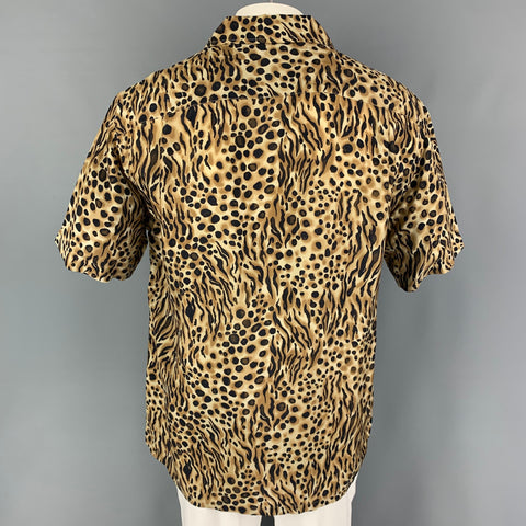 BRIONI Size L Tan Black Animal Print Rayon Camp Short Sleeve Shirt
