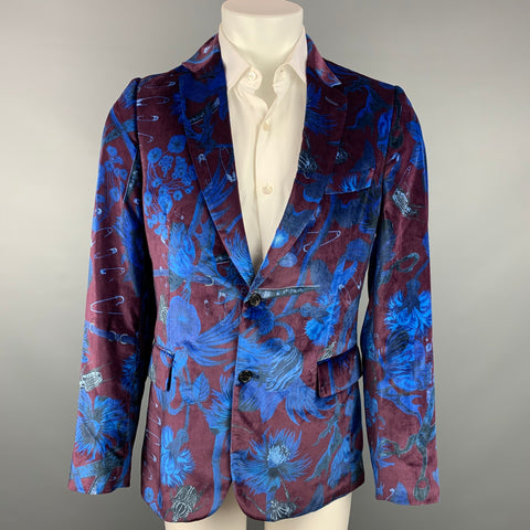 PAUL SMITH Size 40 Burgundy & Blue Print Velvet Notch Lapel Sport Coat