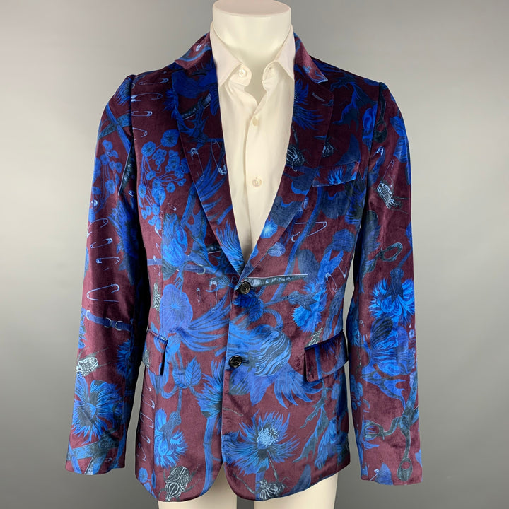 PAUL SMITH Taille 40 Manteau de sport à revers cranté en velours imprimé bordeaux et bleu