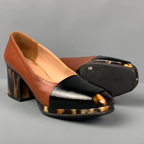 DRIES VAN NOTEN Size 7.5 Tan Black Leather Mixed Materials Platform Pumps