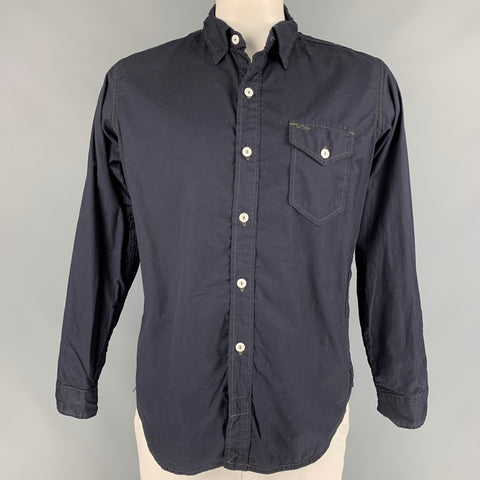 POST O'ALLS Size L Navy Stripe Cotton Patch Pocket Long Sleeve Shirt