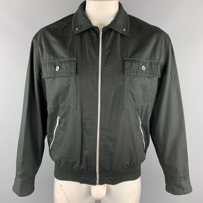 Vintage VERSACE JEANS COUTURE Size M Black Cotton Full Zip Silver Buttons Bomber Jacket