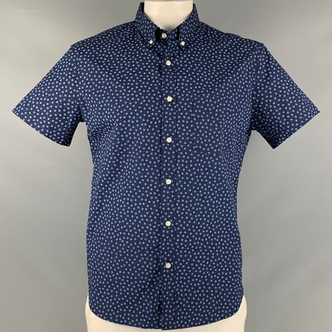 J.CREW Size L Navy White Floral Cotton Short Sleeve Shirt
