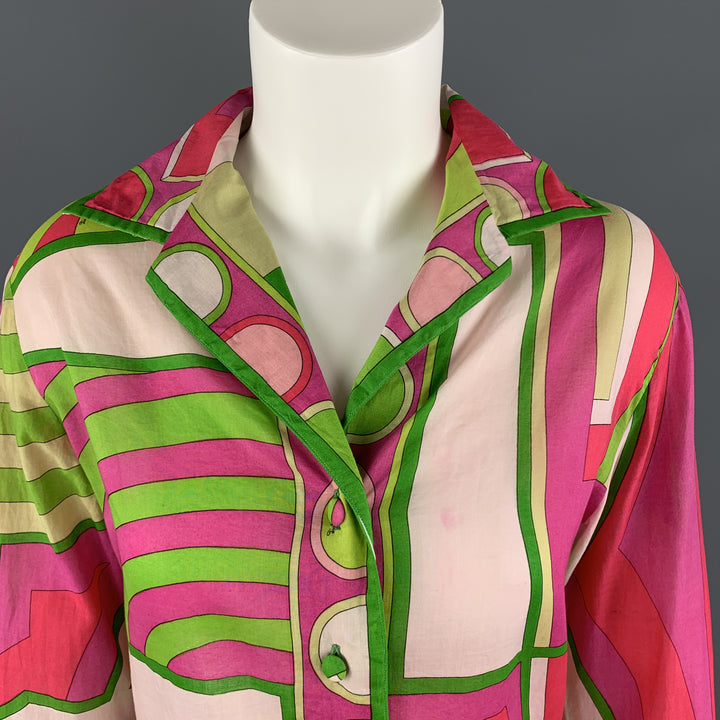 EMILIO PUCCI Vintage Talla M Blusa de cuello extendido de algodón con estampado fucsia y verde