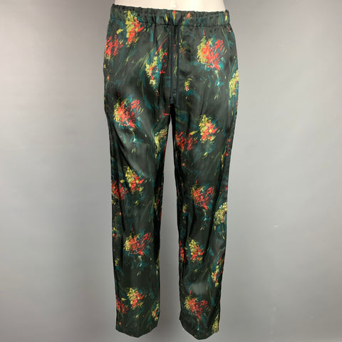 DRIES VAN NOTEN Size 34 Black & Green Abstract Floral Viscose Casual Pants