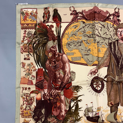 HERMES Brown Cream Taupe Silk Les Ameriques Scarf