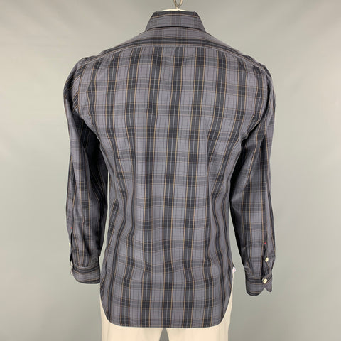ISAIA Size L Grey &  Black Plaid Cotton Button Up  Long Sleeve Shirt