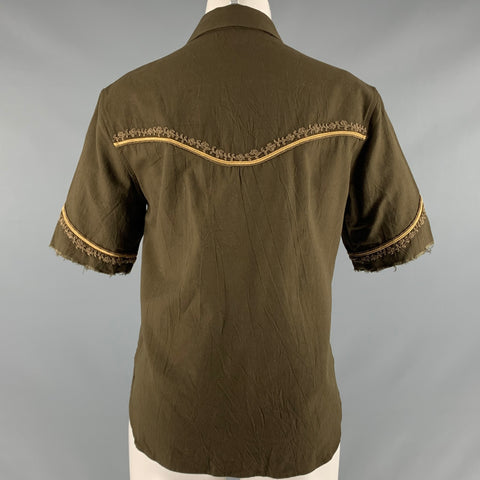 SAINT LAURENT Size 4 Green Gold Embroidered Short Sleeve Casual Top
