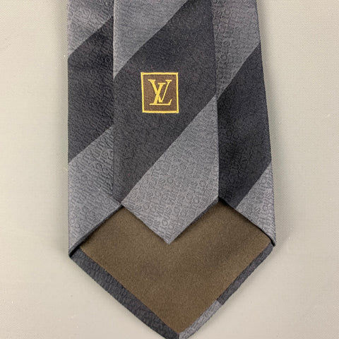 LOUIS VUITTON Grey Black Diagonal Stripe Silk Tie