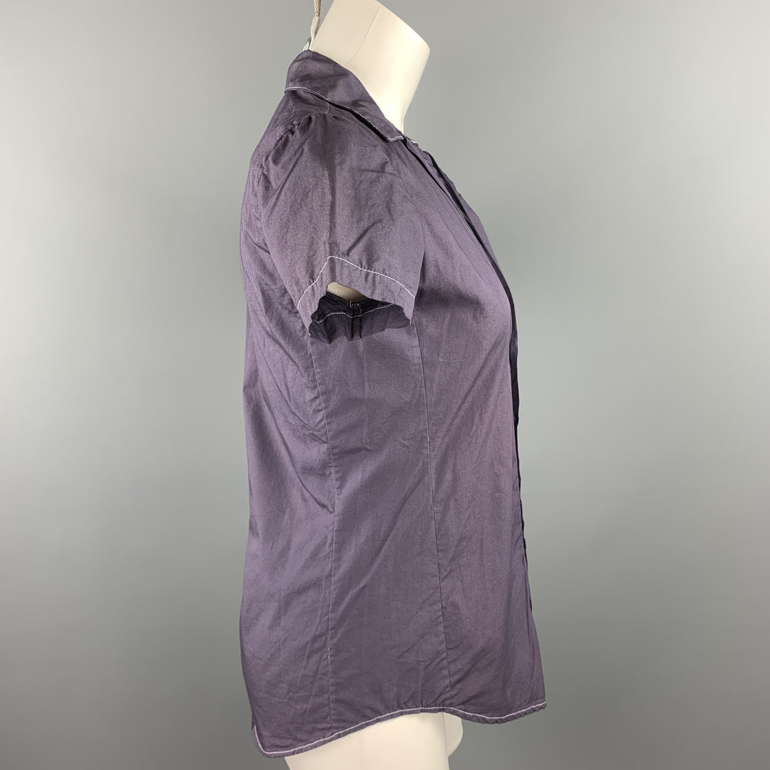 HAZEL BROWN Size 2 Purple Contrast Stitch Cotton Short Sleeve Shirt