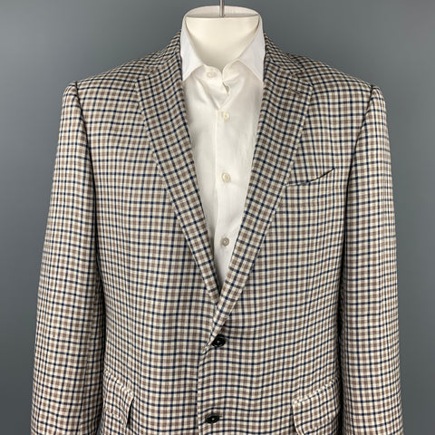 ERMENEGILDO ZEGNA Size 46 Crossover Taupe & Blue Plaid Linen Blend Notch Lapel Sport Coat