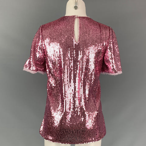 PRABAL GURUNG Size 0 Pink Polyester Sequined Short Sleeve Dress Top