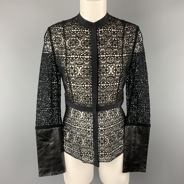 HONOR Size 2 Black Cotton Lace Leather Cuff Blouse