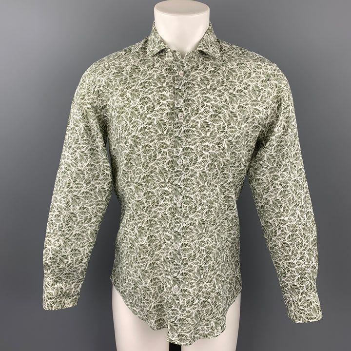MAURIZIO BALDASSARI Size M Olive Print Linen / Cotton Long Sleeve Shirt