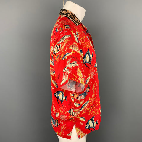 R13 S 19 Size XS Red Fish Print Viscose Hawaiian Shirt