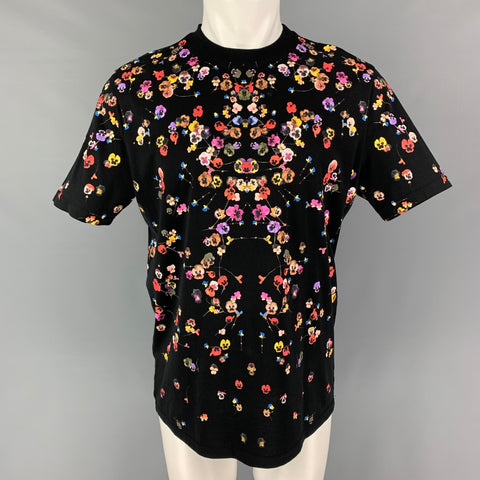 GIVENCHY Talla XS Camiseta negra con cuello redondo y estampado floral multicolor