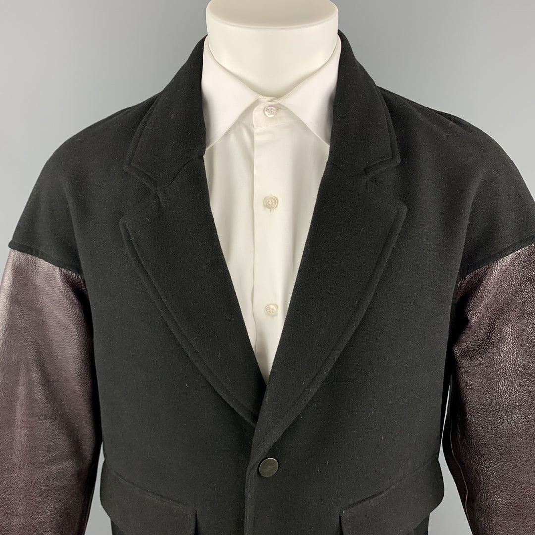 ALEXANDER WANG Size M Black & Burgundy Mixed Materials Wool Leather Sleeves Notch Lapel Jacket